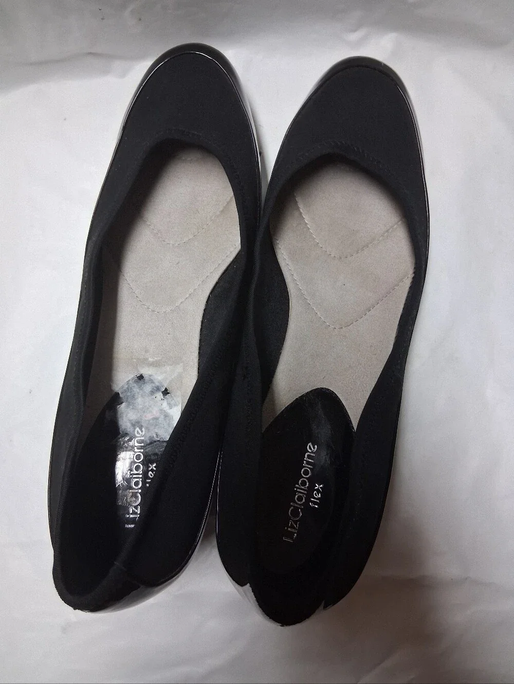 NWOT Liz Claiborne Flex Black Patent and Fabric Wedge Flats Sz 8.5